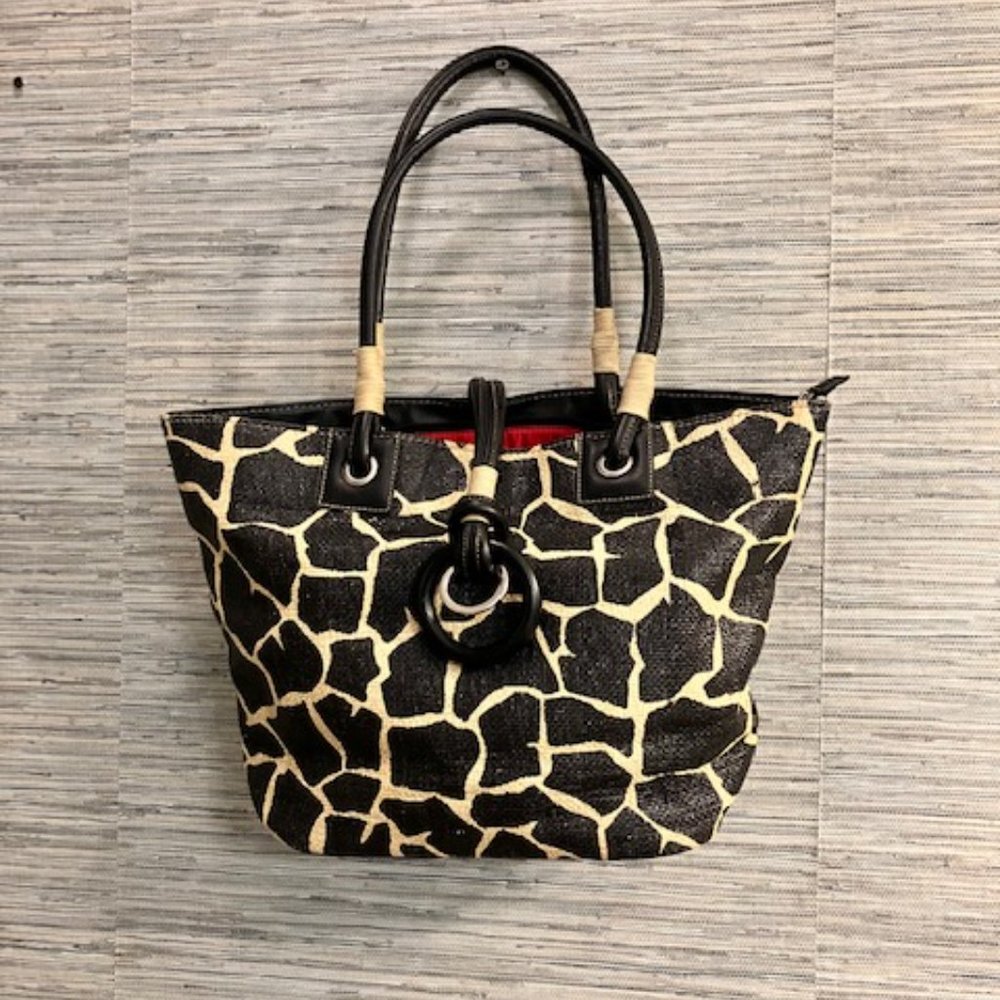 SONDRA ROBERTS SQUARED - Giraffe Print Tote Straw Handbag - Great Condition